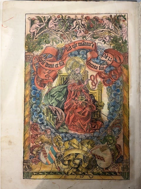 Liber Chronicarum (the Nuremberg Chronicle): the Creation of the World, the seven opening leaves in contemporary colour