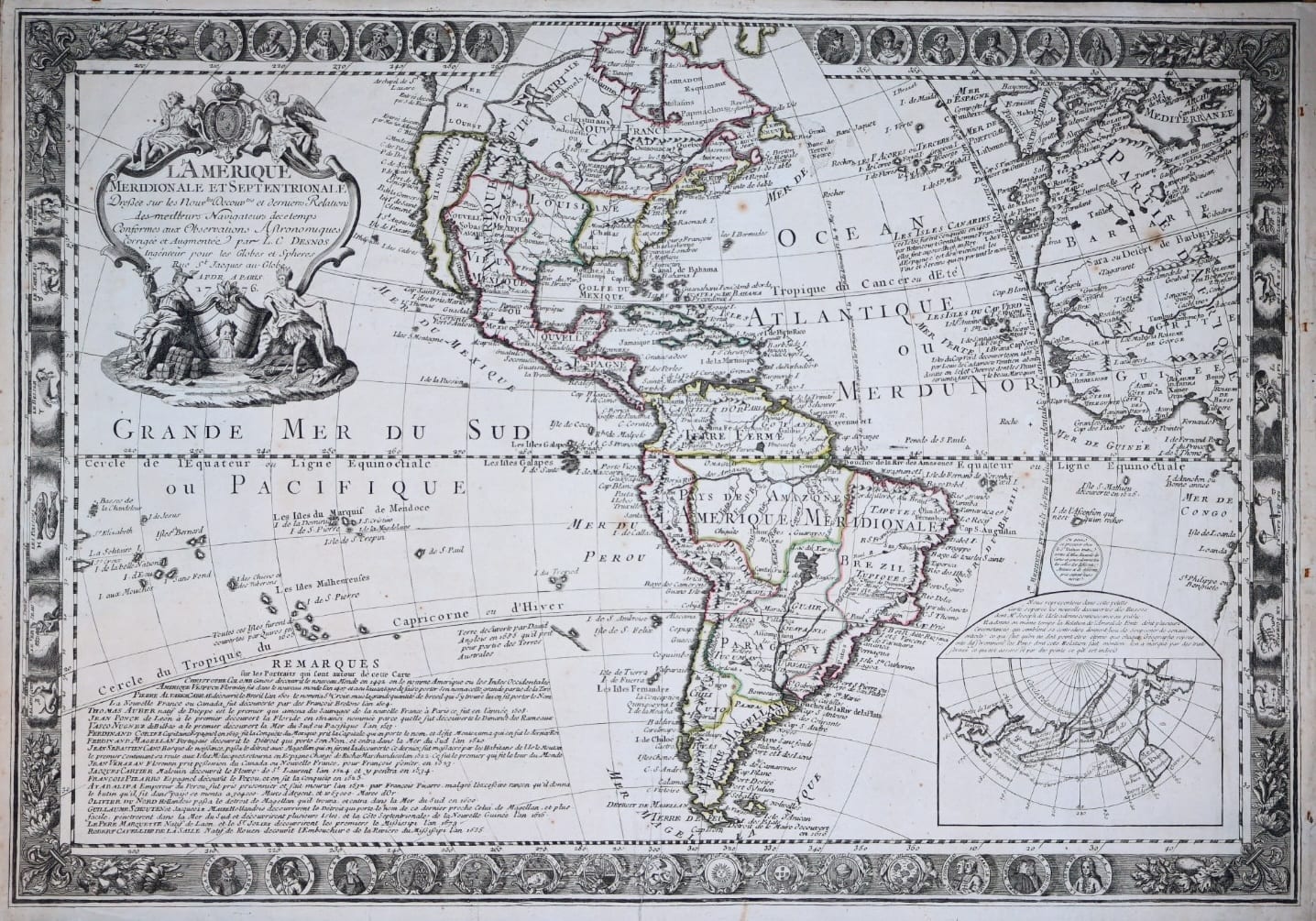 L'Amérique Méridionale et Septentrionale, dressée sur les nouvelles découvertes et dernières relations des meilleurs navigateurs de ce temps (The Americas with portraits of the explorers)