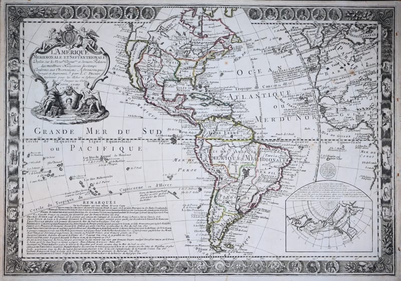 L'Amérique Méridionale et Septentrionale, dressée sur les nouvelles découvertes et dernières relations des meilleurs navigateurs de ce temps (The Americas with portraits of the explorers)