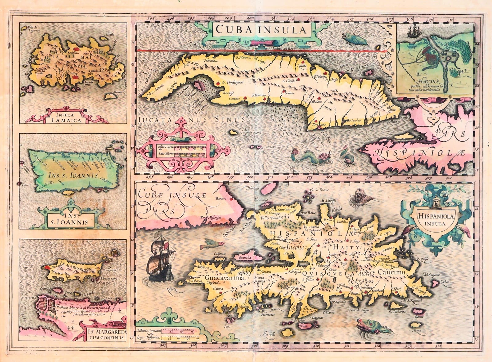 Cuba Insula / Hispaniola Insula / Insula Iamaica / Ins. S. Ioannis / I.S. Margareta cum confiniis (Cuba, Hispaniola, Jamaica, Puerto Rico and Margarita)