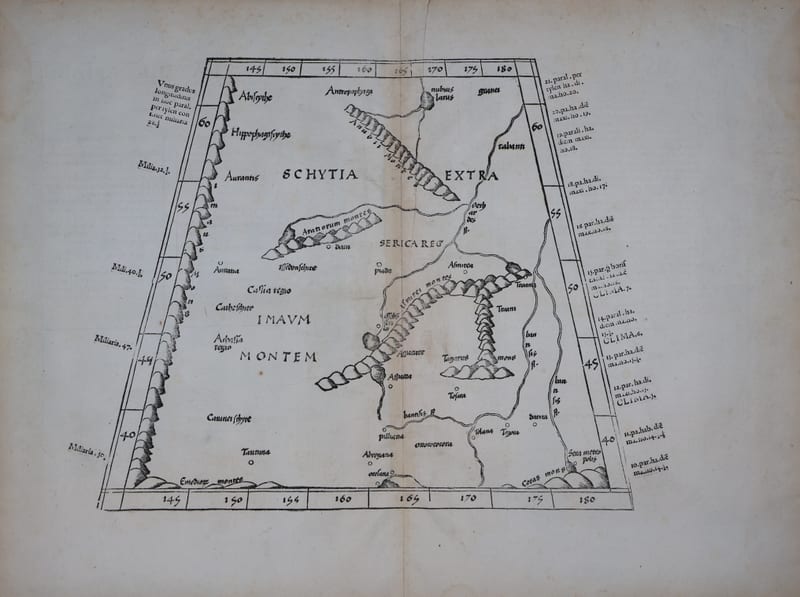 Tabula VIII Asiae: Scythia extra Imaum Montem and Serica (Central Asia and the land of silk), Lyon 1535