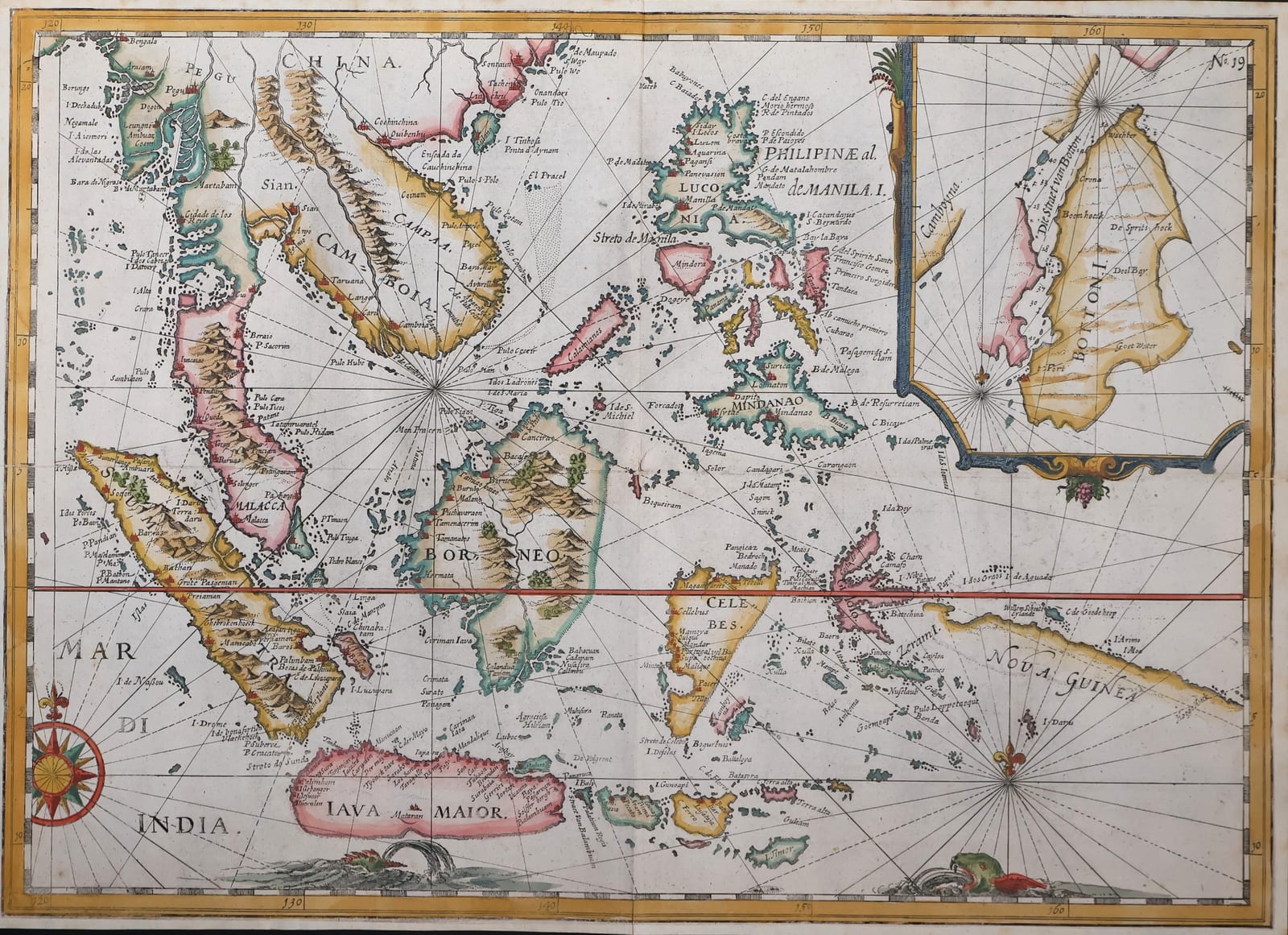 The East Indies from Malacca and Sumatra to New Guinea, with an inset of the island of Buton (Oost ende West-Indische Spiegel, plate 19)