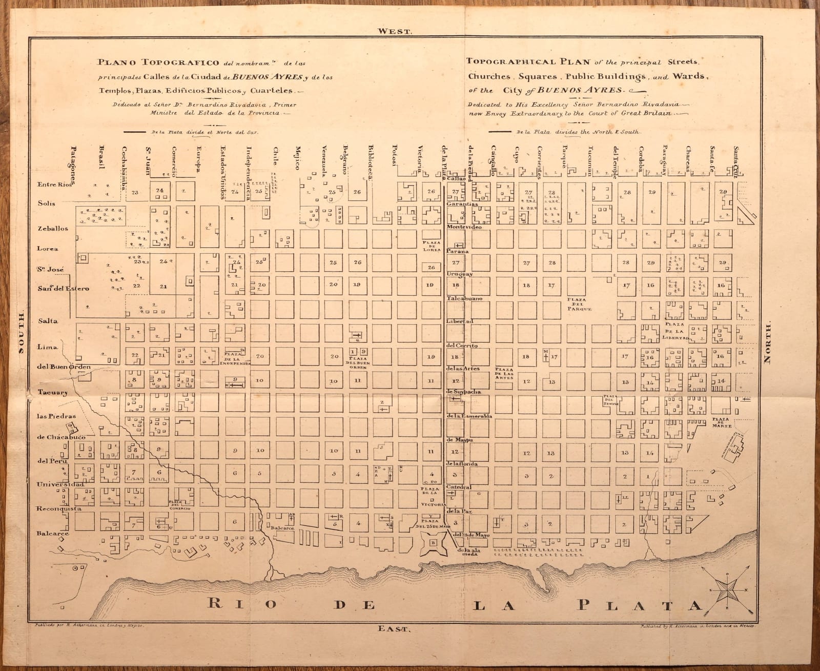 Plano topografico del nombram.to de las principales Calles de la Ciudad de Buenos Ayres y de los Templos, Plazas, Edificios Publicos y Cuarteles / Topographical Plan of the principal Streets, Churches, Squares, Public Buildings, and Wards, of the City of Buenos Ayres