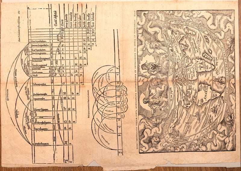 Typus universalis terrae, iuxta modernorum distinctionem et extensionem per regna et provincias, with the folding music table, on one uncut sheet