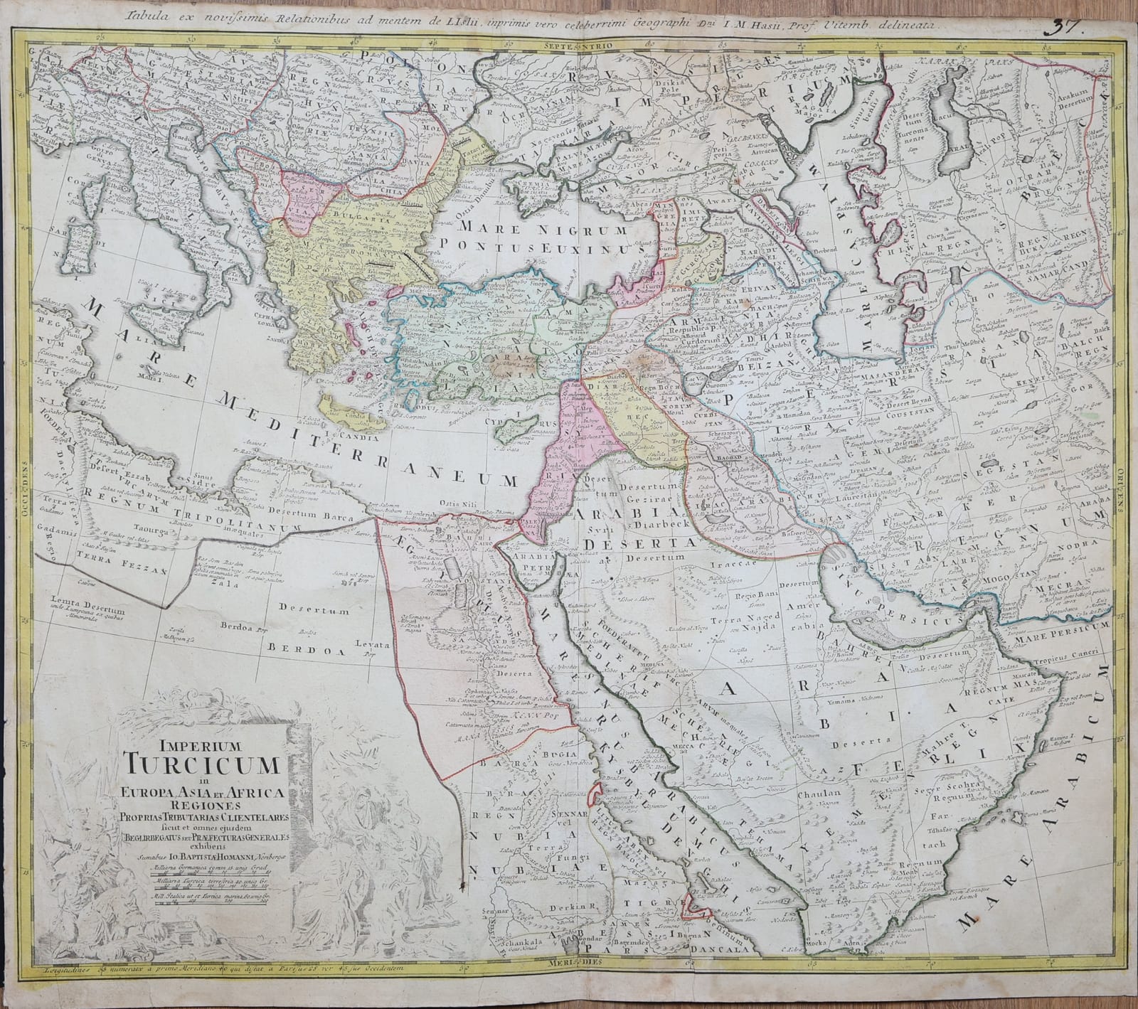 Imperium Turcicum in Europa, Asia et Africa regiones proprias tributarias clientelares sicut et omnes ejusdem Beglirbegatus seu Praefecturas Generales exhibens
